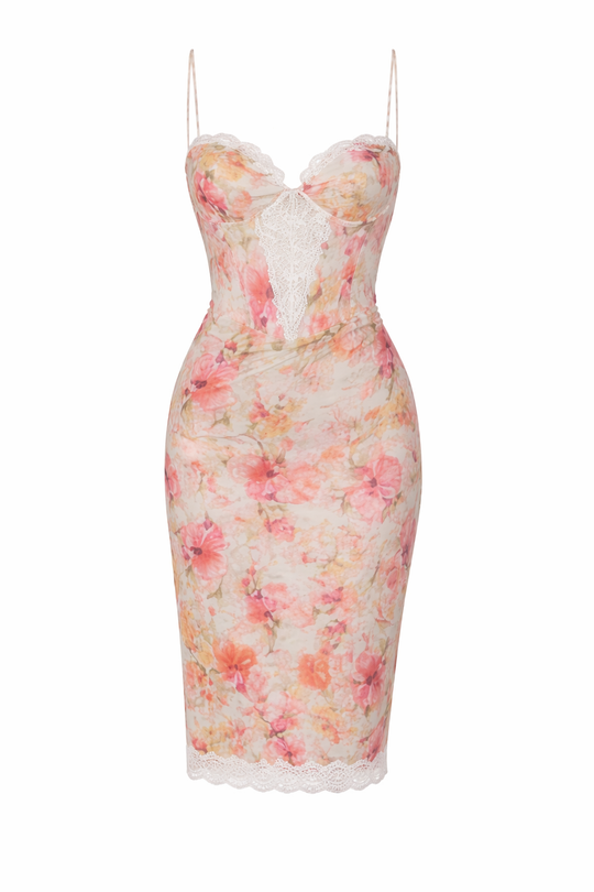 Red Floral Midi Lace Trim Dress