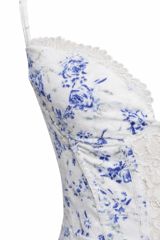 Blue Floral Print Lace Maxi Dress