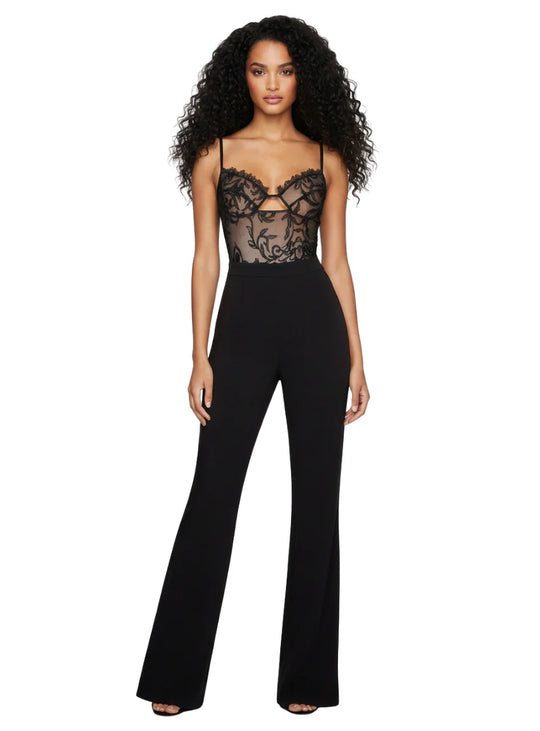 Black wide leg jumpsuit with intricate lace top and high waisted pants.