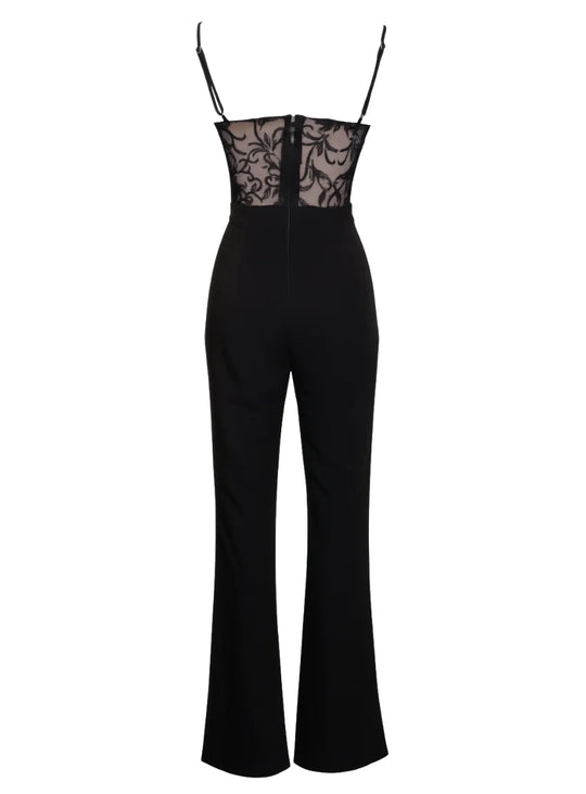 Black wide leg jumpsuit with intricate lace top and high waisted pants. (4)