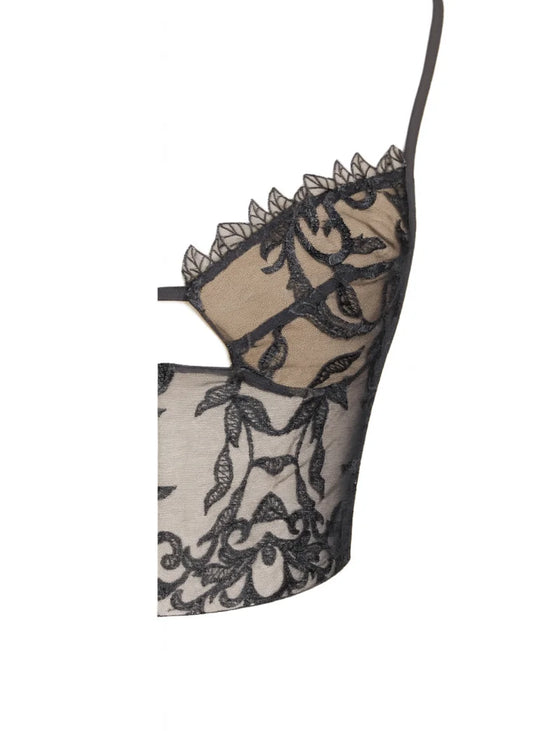 Black wide leg jumpsuit with intricate lace top and high waisted pants. (5)