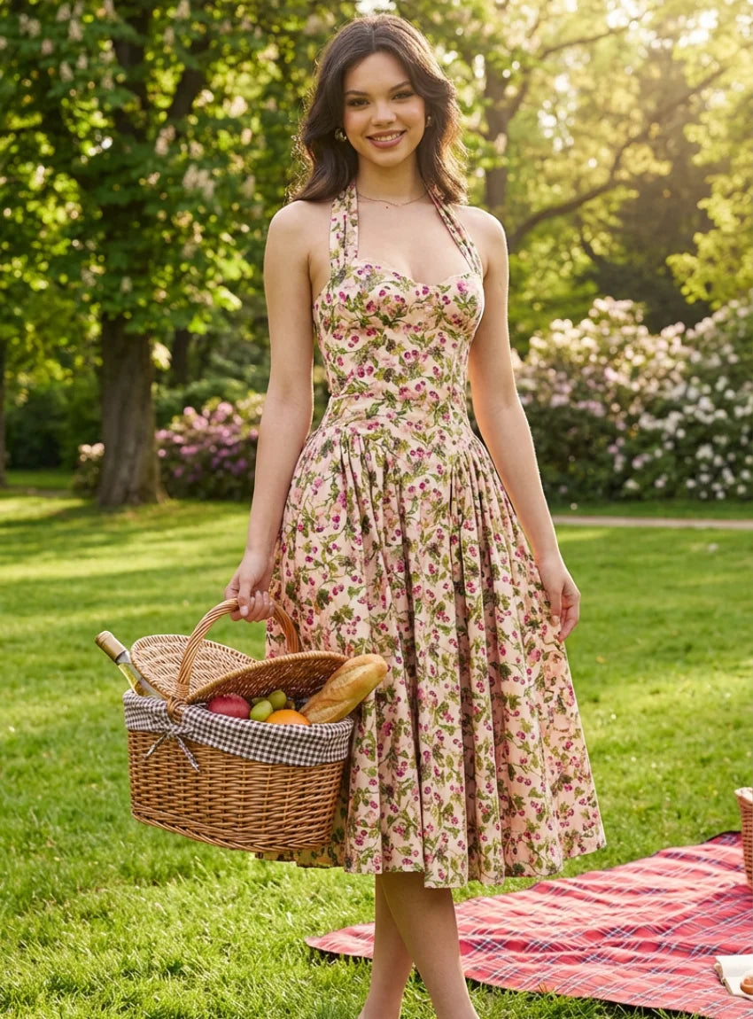 Woman in a floral dress holding a picnic basket in a park