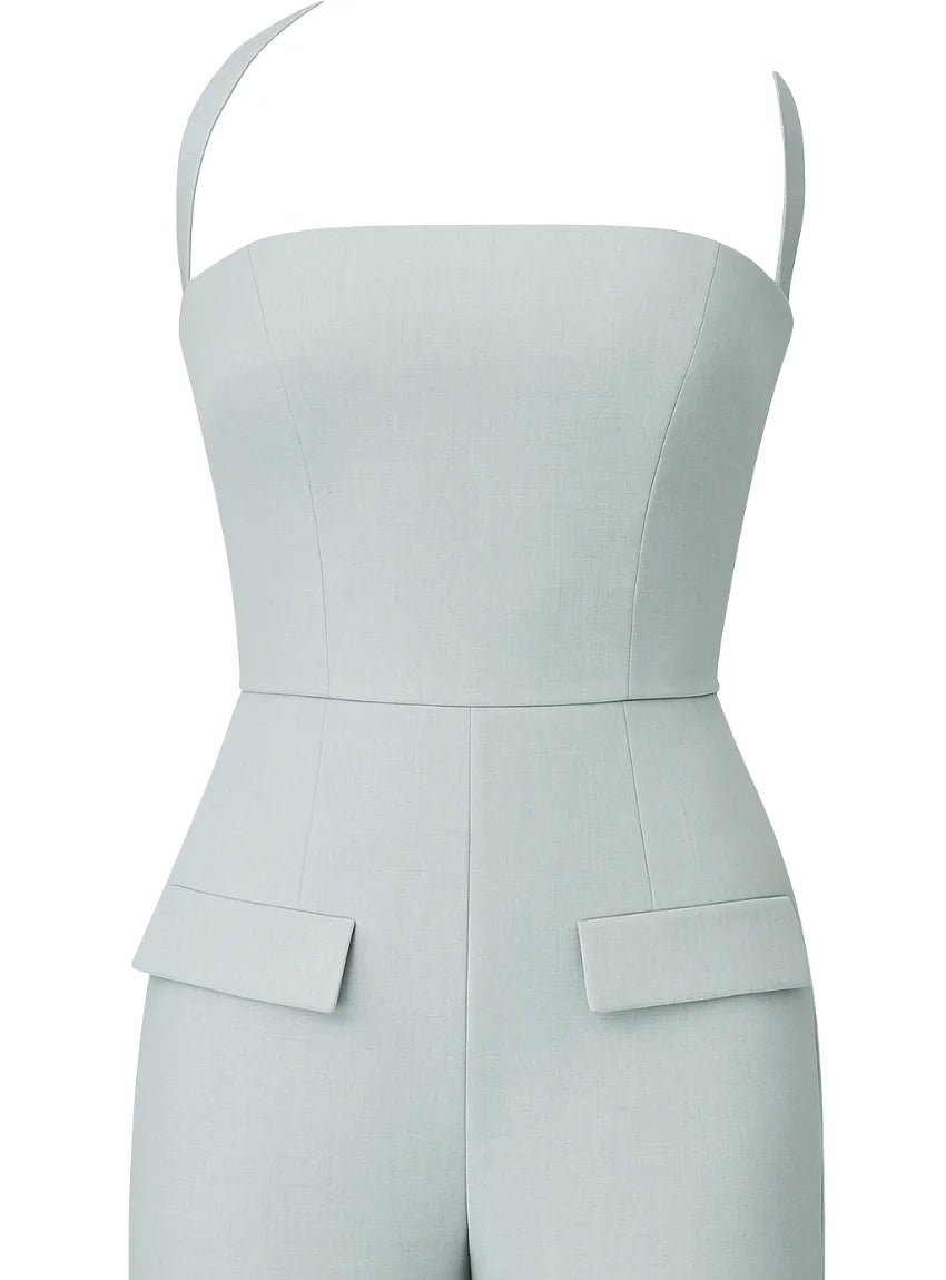 Sage green wide leg halter jumpsuit with high waist in cotton poplin. (4)