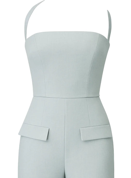 Sage green wide leg halter jumpsuit with high waist in cotton poplin. (4)