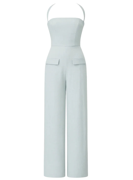 Sage green wide leg halter jumpsuit with high waist in cotton poplin. (3)