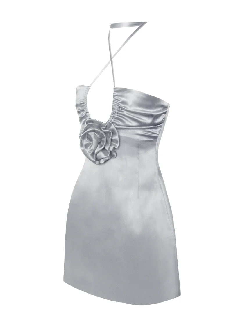 Silver satin strappy halter mini dress with ruched bust and rose appliqué. (4)