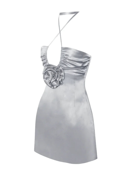 Silver satin strappy halter mini dress with ruched bust and rose appliqué. (4)