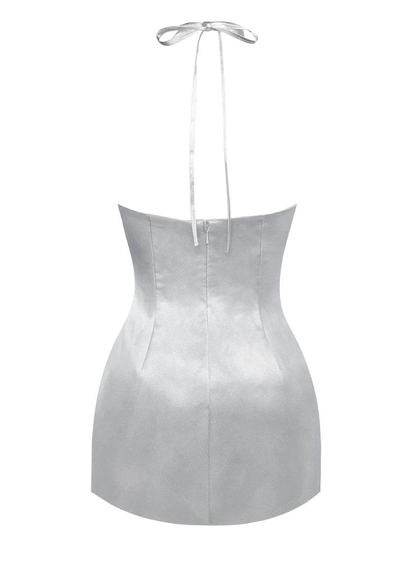 Silver satin strappy halter mini dress with ruched bust and rose appliqué. (5)