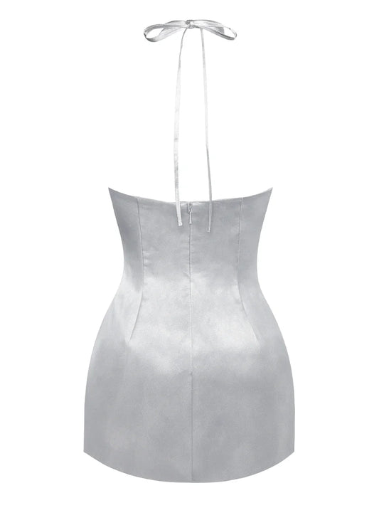 Silver satin strappy halter mini dress with ruched bust and rose appliqué. (5)