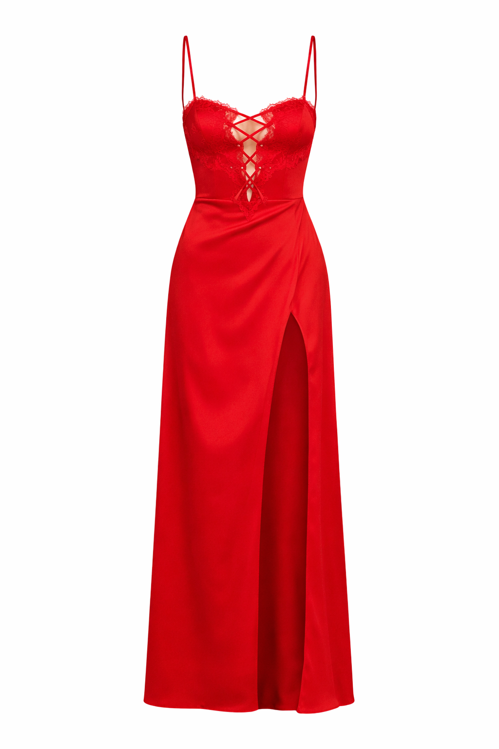 Red Lace Up High Slit Satin Maxi Dress