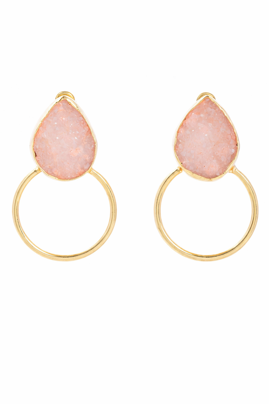 Boho Hoop Earrings with Light Pink Stone