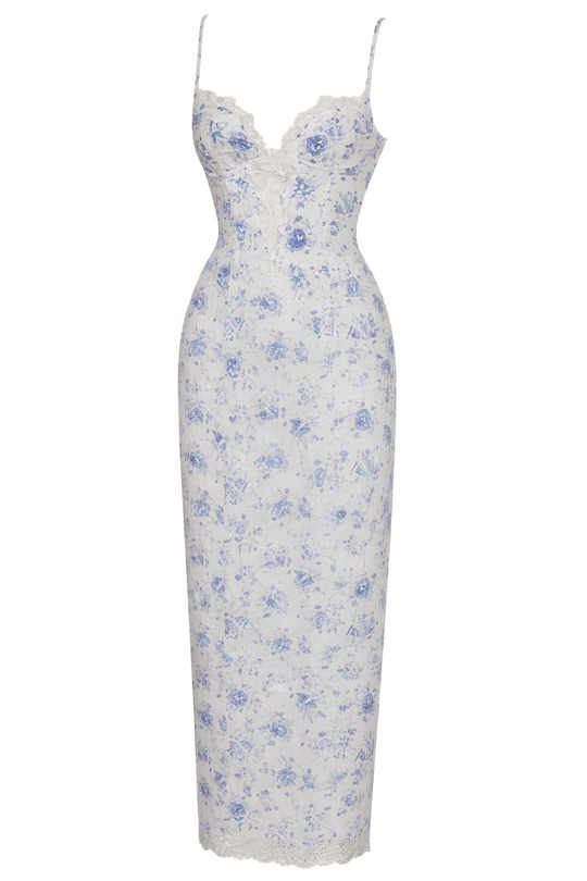 Blue Floral Print Lace Maxi Dress