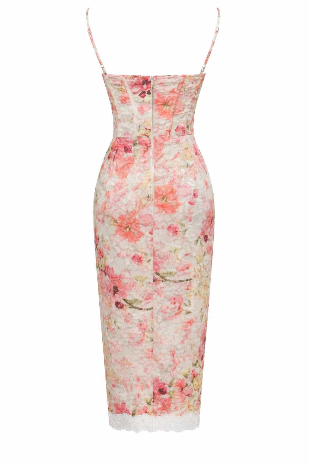 Red Floral Midi Lace Trim Dress